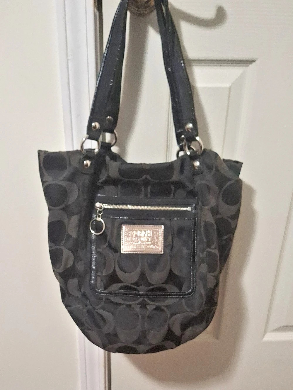 Coach Poppy Signature Glam Tote Black & Purple Shoulder Bag